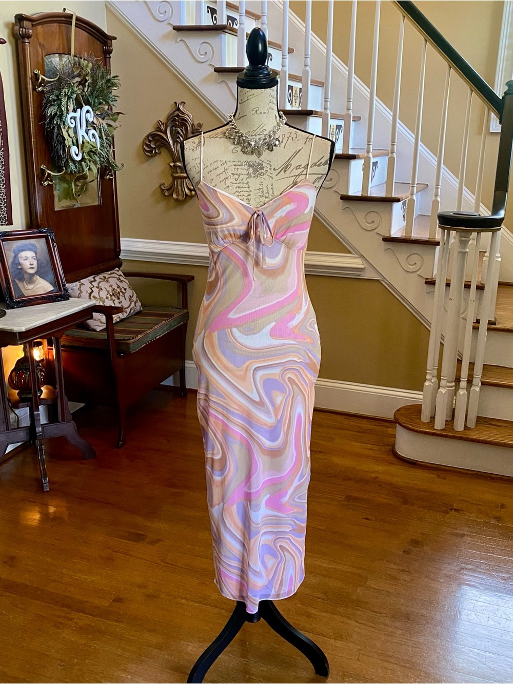 No Comment retro swirl print mesh midi dress